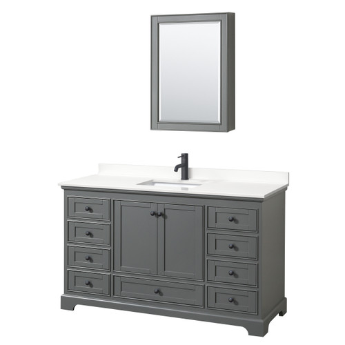 Wyndham Deborah 60 Inch Single Bathroom Vanity in Dark Gray, White Quartz Countertop, Undermount Square Sink (1-Hole), Matte Black Trim, Medicine Cabinet - WCS202060SGBWQUNSMED