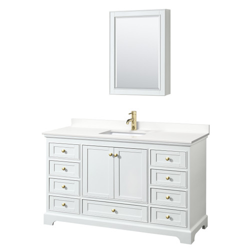 Wyndham Deborah 60 Inch Single Bathroom Vanity in White, White Quartz Countertop, Undermount Square Sink (1-Hole), Brushed Gold Trim, Medicine Cabinet - WCS202060SWGWQUNSMED