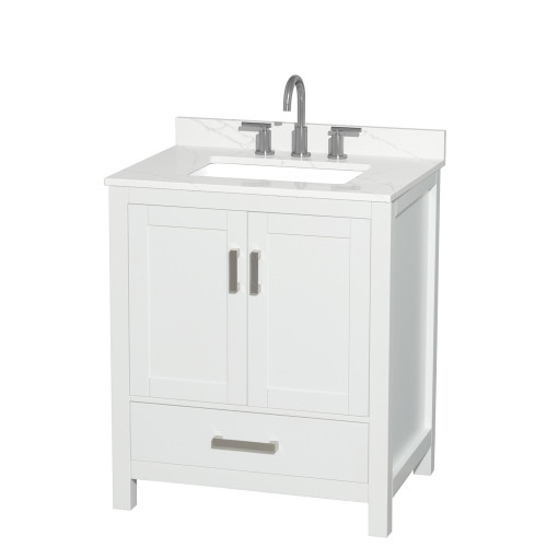 Wyndham Sheffield 30 Inch Single Bathroom Vanity in White, Giotto Quartz Countertop, Undermount Square Sink (3-Hole), Brushed Chrome Trim - WCS141430SWHGTUS3MXX