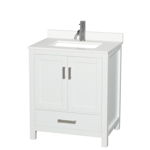 Wyndham Sheffield 30 Inch Single Bathroom Vanity in White, White Quartz Countertop, Undermount Square Sink (1-Hole), Brushed Chrome Trim - WCS141430SWHWQUNSMXX