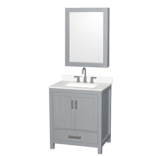 Wyndham Sheffield 30 Inch Single Bathroom Vanity in Gray, White Quartz Countertop, Undermount Square Sink (3-Hole), Brushed Chrome Trim, Medicine Cabinet - WCS141430SGYWQUS3MED