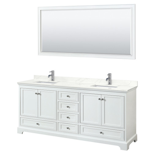 Wyndham Deborah 80 Inch Double Bathroom Vanity in White, Giotto Quartz Countertop, Undermount Square Sinks (1-Hole), Polished Chrome Trim, 70 Inch Mirror - WCS202080DWHGTUNSM70 Wyndham Deborah 80 Inch Double Bathroom Vanity in White, Giotto Quartz Countertop, Undermount Square Sinks (1-Hole), Polished Chrome Trim, 70 Inch Mirror - WCS202080DWHGTUNSM70