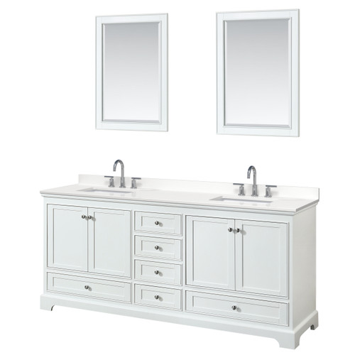 Wyndham Deborah 80 Inch Double Bathroom Vanity in White, White Quartz Countertop, Undermount Square Sinks (3-Hole), Polished Chrome Trim, 24 Inch Mirrors - WCS202080DWHWQUS3M24