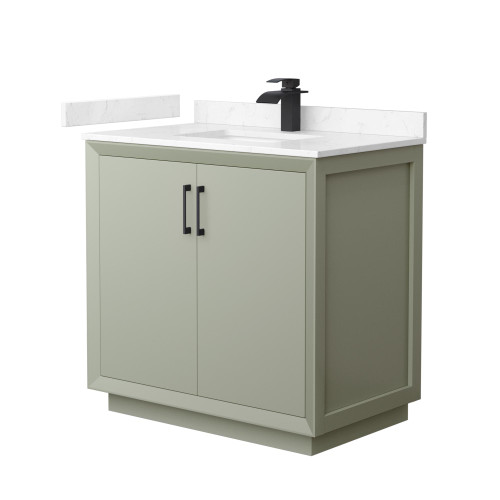 Wyndham Strada 36 Inch Single Bathroom Vanity in Light Green, Carrara Cultured Marble Countertop, Undermount Square Sink, Matte Black Trim - WCF414136SLBC2UNSMXX