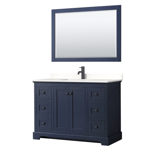 Wyndham Avery 48 Inch Single Bathroom Vanity in Dark Blue, White Quartz Countertop, Undermount Square Sink (1-Hole), Matte Black Trim, 46 Inch Mirror - WCV232348SBBWQUNSM46