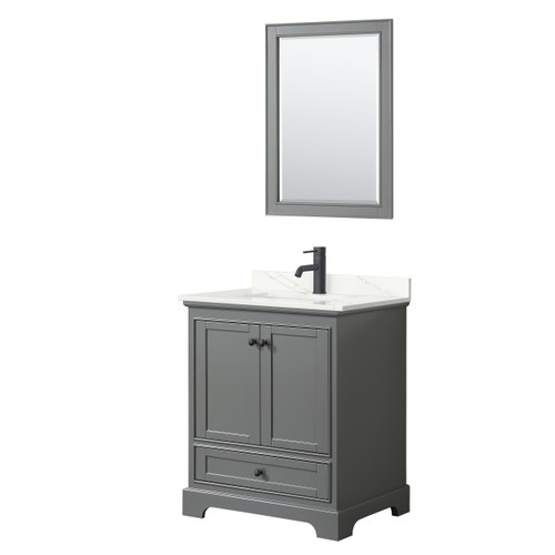 Wyndham Deborah 30 Inch Single Bathroom Vanity in Dark Gray, Giotto Quartz Countertop, Undermount Square Sink (1-Hole), Matte Black Trim, 24 Inch Mirror - WCS202030SGBGTUNSM24