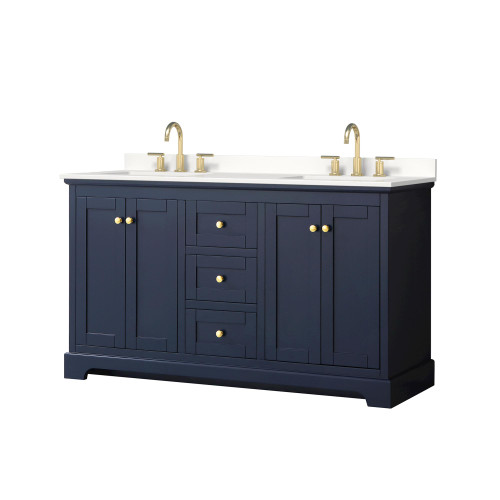Wyndham Avery 60 Inch Double Bathroom Vanity in Dark Blue, White Quartz Countertop, Undermount Square Sinks (3-Hole), Brushed Gold Trim - WCV232360DBLWQUS3MXX Wyndham Avery 60 Inch Double Bathroom Vanity in Dark Blue, White Quartz Countertop, Undermount Square Sinks (3-Hole), Brushed Gold Trim - WCV232360DBLWQUS3MXX