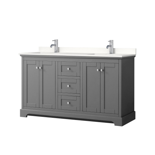 Wyndham Avery 60 Inch Double Bathroom Vanity in Dark Gray, White Quartz Countertop, Undermount Square Sinks (1-Hole), Polished Chrome Trim - WCV232360DKGWQUNSMXX