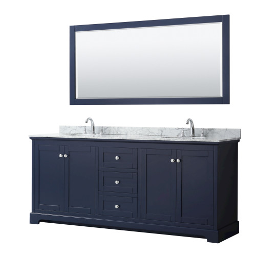 Wyndham Avery 80 Inch Double Bathroom Vanity in Dark Blue, White Carrara Marble Countertop, Undermount Oval Sinks, Polished Chrome Trim, 70 Inch Mirror - WCV232380DBCCMUNOM70