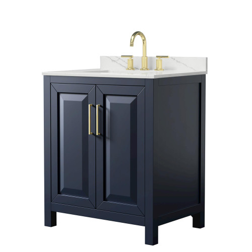 Wyndham Daria 30 Inch Single Bathroom Vanity in Dark Blue, Giotto Quartz Countertop, Undermount Square Sink (3-Hole), Brushed Gold Trim - WCV252530SBLGTUS3MXX