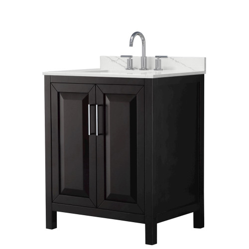 Wyndham Daria 30 Inch Single Bathroom Vanity in Dark Espresso, Giotto Quartz Countertop, Undermount Square Sink (3-Hole), Polished Chrome Trim - WCV252530SDEGTUS3MXX Wyndham Daria 30 Inch Single Bathroom Vanity in Dark Espresso, Giotto Quartz Countertop, Undermount Square Sink (3-Hole), Polished Chrome Trim - WCV252530SDEGTUS3MXX