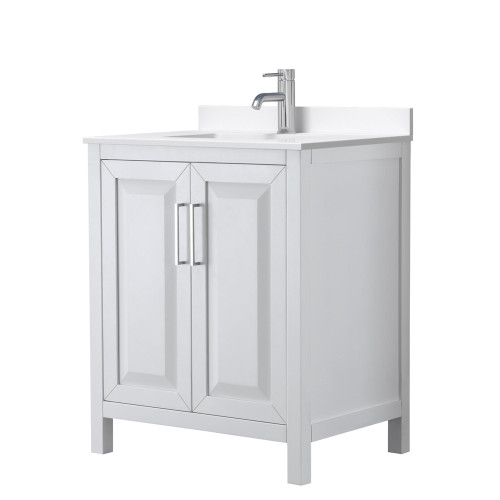 Wyndham Daria 30 Inch Single Bathroom Vanity in White, White Quartz Countertop, Undermount Square Sink (1-Hole), Polished Chrome Trim - WCV252530SWHWQUNSMXX Wyndham Daria 30 Inch Single Bathroom Vanity in White, White Quartz Countertop, Undermount Square Sink (1-Hole), Polished Chrome Trim - WCV252530SWHWQUNSMXX