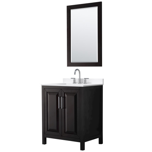Wyndham Daria 30 Inch Single Bathroom Vanity in Dark Espresso, White Quartz Countertop, Undermount Square Sink (3-Hole), Polished Chrome Trim, 24 Inch Mirror - WCV252530SDEWQUS3M24 Wyndham Daria 30 Inch Single Bathroom Vanity in Dark Espresso, White Quartz Countertop, Undermount Square Sink (3-Hole), Polished Chrome Trim, 24 Inch Mirror - WCV252530SDEWQUS3M24