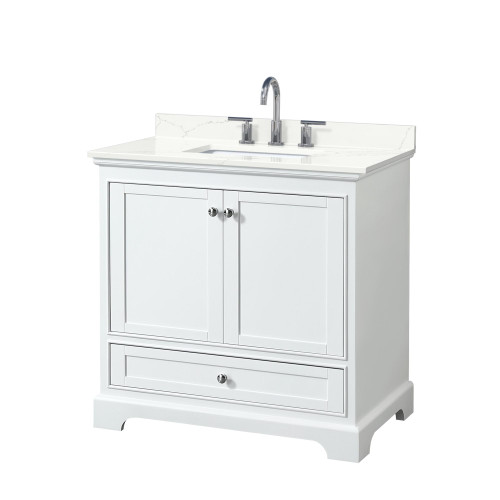 Wyndham Deborah 36 Inch Single Bathroom Vanity in White, Giotto Quartz Countertop, Undermount Square Sink (3-Hole), Polished Chrome Trim - WCS202036SWHGTUS3MXX Wyndham Deborah 36 Inch Single Bathroom Vanity in White, Giotto Quartz Countertop, Undermount Square Sink (3-Hole), Polished Chrome Trim - WCS202036SWHGTUS3MXX