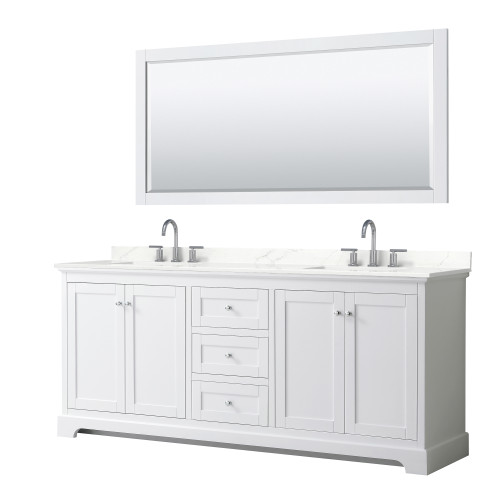 Wyndham Avery 80 Inch Double Bathroom Vanity in White, Giotto Quartz Countertop, Undermount Square Sinks (3-Hole), Polished Chrome Trim, 70 Inch Mirror - WCV232380DWHGTUS3M70