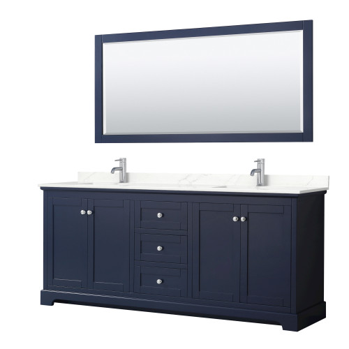 Wyndham Avery 80 Inch Double Bathroom Vanity in Dark Blue, Giotto Quartz Countertop, Undermount Square Sinks (1-Hole), Polished Chrome Trim, 70 Inch Mirror - WCV232380DBCGTUNSM70