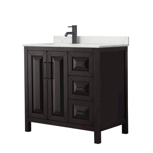 Wyndham Daria 36 Inch Single Bathroom Vanity in Dark Espresso, Giotto Quartz Countertop, Undermount Square Sink (1-Hole), Matte Black Trim - WCV252536SEBGTUNSMXX Wyndham Daria 36 Inch Single Bathroom Vanity in Dark Espresso, Giotto Quartz Countertop, Undermount Square Sink (1-Hole), Matte Black Trim - WCV252536SEBGTUNSMXX
