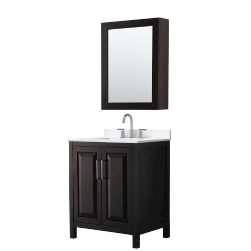 Wyndham Daria 30 Inch Single Bathroom Vanity in Dark Espresso, White Quartz Countertop, Undermount Square Sink (3-Hole), Polished Chrome Trim, Medicine Cabinet - WCV252530SDEWQUS3MED