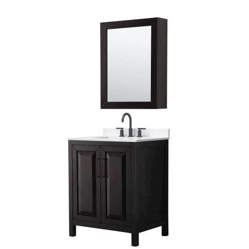 Wyndham Daria 30 Inch Single Bathroom Vanity in Dark Espresso, White Quartz Countertop, Undermount Square Sink (3-Hole), Matte Black Trim, Medicine Cabinet - WCV252530SEBWQUS3MED