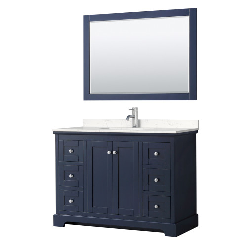 Wyndham Avery 48 Inch Single Bathroom Vanity in Dark Blue, Carrara Cultured Marble Countertop, Undermount Square Sink, Polished Chrome Trim, 46 Inch Mirror - WCV232348SBCC2UNSM46