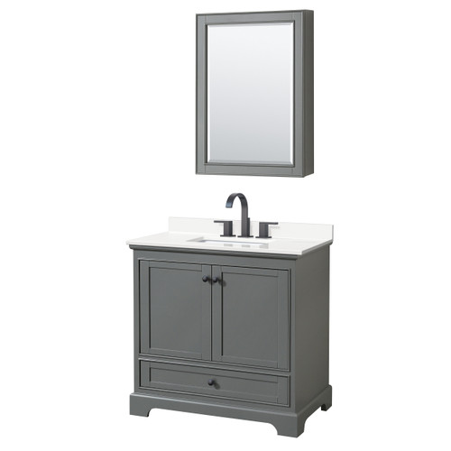 Wyndham Deborah 36 Inch Single Bathroom Vanity in Dark Gray, White Quartz Countertop, Undermount Square Sink (3-Hole), Matte Black Trim, Medicine Cabinet - WCS202036SGBWQUS3MED