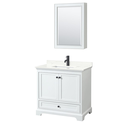 Wyndham Deborah 36 Inch Single Bathroom Vanity in White, Giotto Quartz Countertop, Undermount Square Sink (1-Hole), Matte Black Trim, Medicine Cabinet - WCS202036SWBGTUNSMED Wyndham Deborah 36 Inch Single Bathroom Vanity in White, Giotto Quartz Countertop, Undermount Square Sink (1-Hole), Matte Black Trim, Medicine Cabinet - WCS202036SWBGTUNSMED