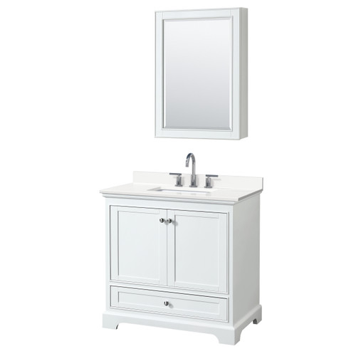 Wyndham Deborah 36 Inch Single Bathroom Vanity in White, White Quartz Countertop, Undermount Square Sink (3-Hole), Polished Chrome Trim, Medicine Cabinet - WCS202036SWHWQUS3MED