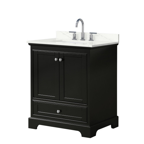 Wyndham Deborah 30 Inch Single Bathroom Vanity in Dark Espresso, Giotto Quartz Countertop, Undermount Square Sink (3-Hole), Polished Chrome Trim - WCS202030SDEGTUS3MXX Wyndham Deborah 30 Inch Single Bathroom Vanity in Dark Espresso, Giotto Quartz Countertop, Undermount Square Sink (3-Hole), Polished Chrome Trim - WCS202030SDEGTUS3MXX
