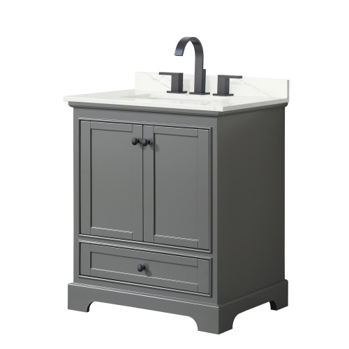 Wyndham Deborah 30 Inch Single Bathroom Vanity in Dark Gray, Giotto Quartz Countertop, Undermount Square Sink (3-Hole), Matte Black Trim - WCS202030SGBGTUS3MXX Wyndham Deborah 30 Inch Single Bathroom Vanity in Dark Gray, Giotto Quartz Countertop, Undermount Square Sink (3-Hole), Matte Black Trim - WCS202030SGBGTUS3MXX