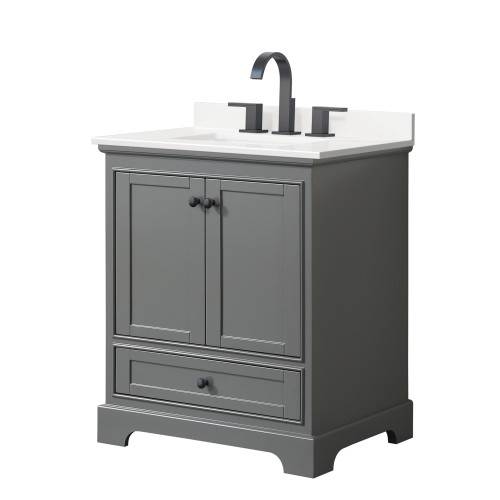 Wyndham Deborah 30 Inch Single Bathroom Vanity in Dark Gray, White Quartz Countertop, Undermount Square Sink (3-Hole), Matte Black Trim - WCS202030SGBWQUS3MXX Wyndham Deborah 30 Inch Single Bathroom Vanity in Dark Gray, White Quartz Countertop, Undermount Square Sink (3-Hole), Matte Black Trim - WCS202030SGBWQUS3MXX
