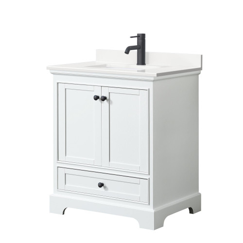 Wyndham Deborah 30 Inch Single Bathroom Vanity in White, White Quartz Countertop, Undermount Square Sink (1-Hole), Matte Black Trim - WCS202030SWBWQUNSMXX Wyndham Deborah 30 Inch Single Bathroom Vanity in White, White Quartz Countertop, Undermount Square Sink (1-Hole), Matte Black Trim - WCS202030SWBWQUNSMXX