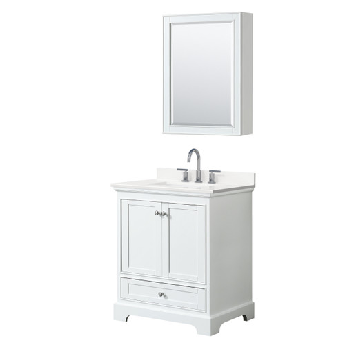 Wyndham Deborah 30 Inch Single Bathroom Vanity in White, White Quartz Countertop, Undermount Square Sink (3-Hole), Polished Chrome Trim, Medicine Cabinet - WCS202030SWHWQUS3MED Wyndham Deborah 30 Inch Single Bathroom Vanity in White, White Quartz Countertop, Undermount Square Sink (3-Hole), Polished Chrome Trim, Medicine Cabinet - WCS202030SWHWQUS3MED
