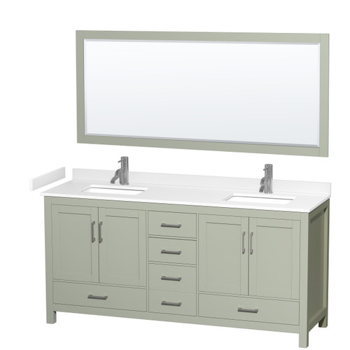 Wyndham Sheffield 72 inch Double Bathroom Vanity in Light Green, White Cultured Marble Countertop, Undermount Square Sinks, Brushed Nickel Trim, 70 inch Mirror - WCS141472DLGWCUNSM70