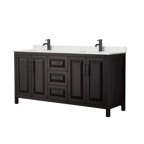 Wyndham Daria 72 Inch Double Bathroom Vanity in Dark Espresso, Giotto Quartz Countertop, Undermount Square Sinks (1-Hole), Matte Black Trim - WCV252572DEBGTUNSMXX Wyndham Daria 72 Inch Double Bathroom Vanity in Dark Espresso, Giotto Quartz Countertop, Undermount Square Sinks (1-Hole), Matte Black Trim - WCV252572DEBGTUNSMXX