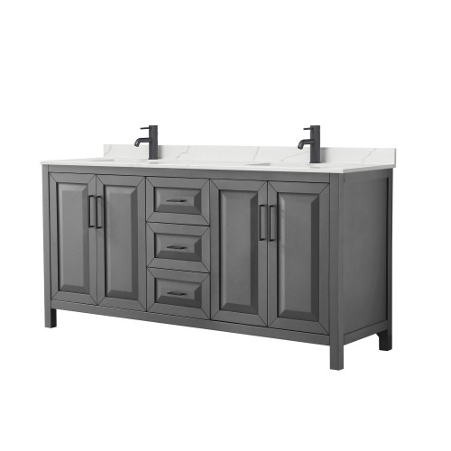 Wyndham Daria 72 Inch Double Bathroom Vanity in Dark Gray, Giotto Quartz Countertop, Undermount Square Sinks (1-Hole), Matte Black Trim - WCV252572DGBGTUNSMXX