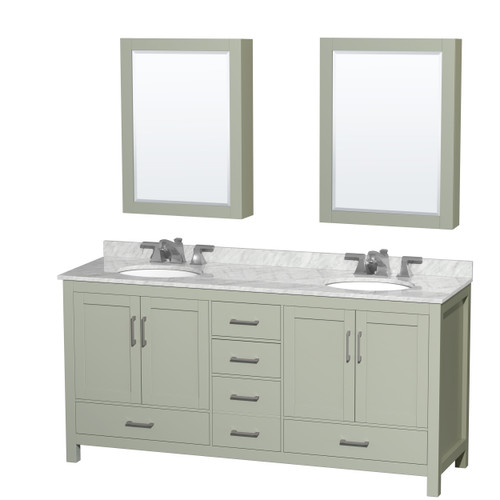 Wyndham Sheffield 72 inch Double Bathroom Vanity in Light Green, White Carrara Marble Countertop, Undermount Oval Sinks, Brushed Nickel Trim, Medicine Cabinets - WCS141472DLGCMUNOMED