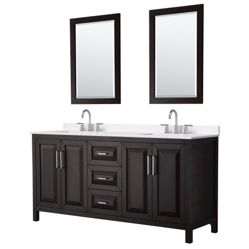 Wyndham Daria 72 Inch Double Bathroom Vanity in Dark Espresso, White Quartz Countertop, Undermount Square Sinks (3-Hole), Polished Chrome Trim, 24 Inch Mirrors - WCV252572DDEWQUS3M24