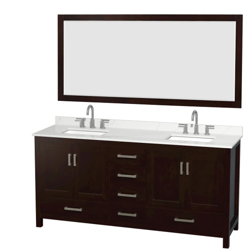 Wyndham Sheffield 72 Inch Double Bathroom Vanity in Espresso, Giotto Quartz Countertop, Undermount Square Sinks (3-Hole), Brushed Chrome Trim, 70 Inch Mirror - WCS141472DESGTUS3M70