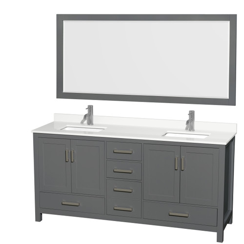 Wyndham Sheffield 72 Inch Double Bathroom Vanity in Dark Gray, White Quartz Countertop, Undermount Square Sinks, 70 Inch Mirror - WCS141472DKGWQUNSM70