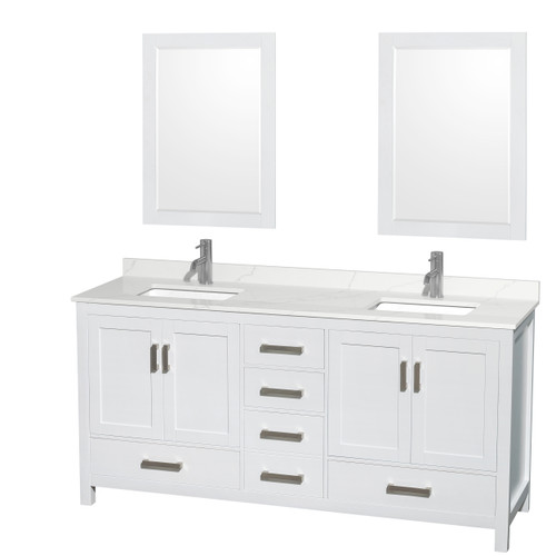 Wyndham Sheffield 72 Inch Double Bathroom Vanity in White, Giotto Quartz Countertop, Undermount Square Sinks (1-Hole), Brushed Chrome Trim, 24 Inch Mirrors - WCS141472DWHGTUNSM24
