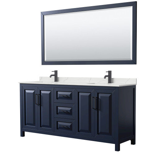 Wyndham Daria 72 Inch Double Bathroom Vanity in Dark Blue, Giotto Quartz Countertop, Undermount Square Sinks (1-Hole), Matte Black Trim, 70 Inch Mirror - WCV252572DBBGTUNSM70