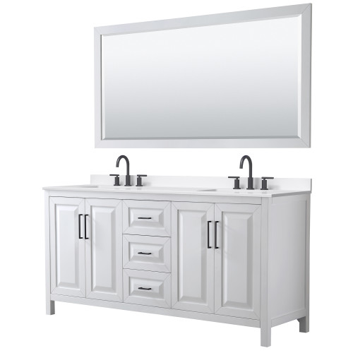 Wyndham Daria 72 Inch Double Bathroom Vanity in White, White Quartz Countertop, Undermount Square Sinks (3-Hole), Matte Black Trim, 70 Inch Mirror - WCV252572DWBWQUS3M70