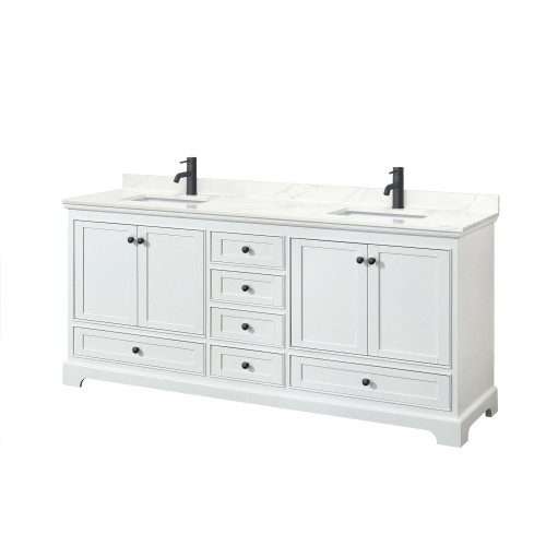 Wyndham Deborah 80 Inch Double Bathroom Vanity in White, Giotto Quartz Countertop, Undermount Square Sinks (1-Hole), Matte Black Trim - WCS202080DWBGTUNSMXX Wyndham Deborah 80 Inch Double Bathroom Vanity in White, Giotto Quartz Countertop, Undermount Square Sinks (1-Hole), Matte Black Trim - WCS202080DWBGTUNSMXX