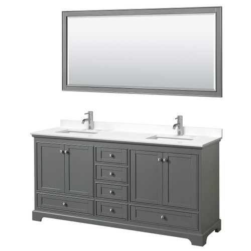 Wyndham Deborah 72 Inch Double Bathroom Vanity in Dark Gray, White Quartz Countertop, Undermount Square Sinks (1-Hole), Polished Chrome Trim, 70 Inch Mirror - WCS202072DKGWQUNSM70