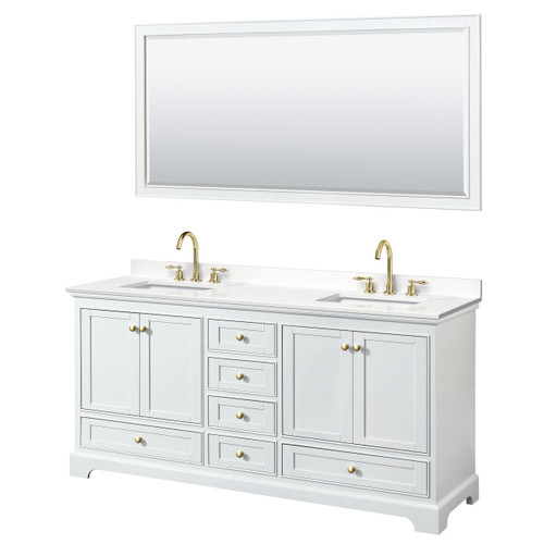 Wyndham Deborah 72 Inch Double Bathroom Vanity in White, White Quartz Countertop, Undermount Square Sinks (3-Hole), Brushed Gold Trim, 70 Inch Mirror - WCS202072DWGWQUS3M70 Wyndham Deborah 72 Inch Double Bathroom Vanity in White, White Quartz Countertop, Undermount Square Sinks (3-Hole), Brushed Gold Trim, 70 Inch Mirror - WCS202072DWGWQUS3M70