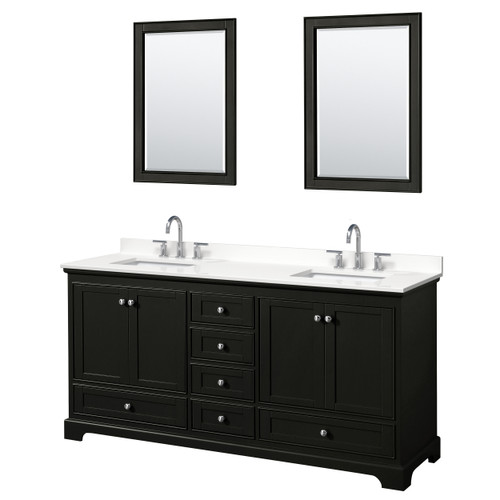 Wyndham Deborah 72 Inch Double Bathroom Vanity in Dark Espresso, White Quartz Countertop, Undermount Square Sinks (3-Hole), Polished Chrome Trim, 24 Inch Mirrors - WCS202072DDEWQUS3M24 Wyndham Deborah 72 Inch Double Bathroom Vanity in Dark Espresso, White Quartz Countertop, Undermount Square Sinks (3-Hole), Polished Chrome Trim, 24 Inch Mirrors - WCS202072DDEWQUS3M24