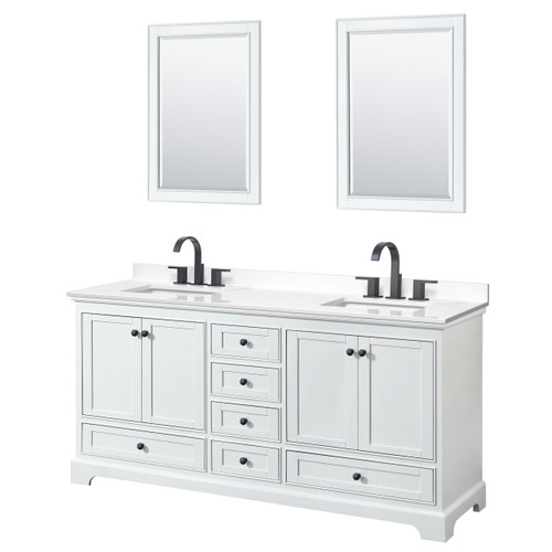 Wyndham Deborah 72 Inch Double Bathroom Vanity in White, White Quartz Countertop, Undermount Square Sinks (3-Hole), Matte Black Trim, 24 Inch Mirrors - WCS202072DWBWQUS3M24 Wyndham Deborah 72 Inch Double Bathroom Vanity in White, White Quartz Countertop, Undermount Square Sinks (3-Hole), Matte Black Trim, 24 Inch Mirrors - WCS202072DWBWQUS3M24