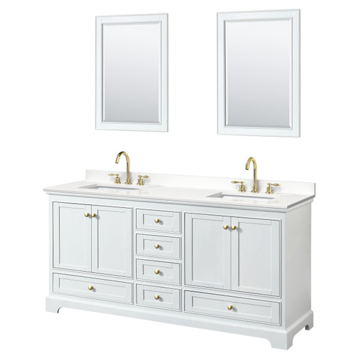 Wyndham Deborah 72 Inch Double Bathroom Vanity in White, White Quartz Countertop, Undermount Square Sinks (3-Hole), Brushed Gold Trim, 24 Inch Mirrors - WCS202072DWGWQUS3M24 Wyndham Deborah 72 Inch Double Bathroom Vanity in White, White Quartz Countertop, Undermount Square Sinks (3-Hole), Brushed Gold Trim, 24 Inch Mirrors - WCS202072DWGWQUS3M24