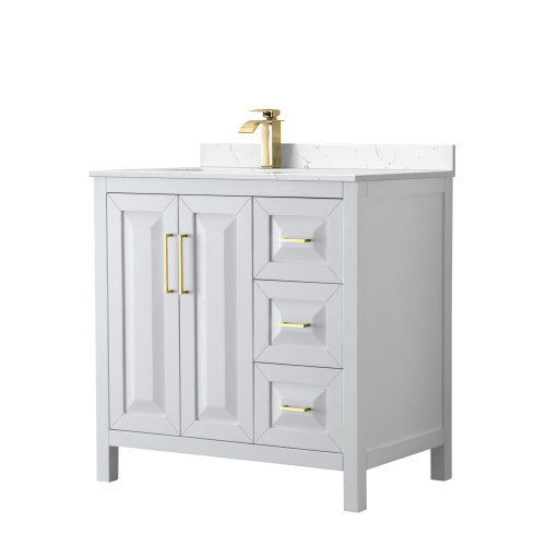 Wyndham Daria 36 Inch Single Bathroom Vanity in White, Carrara Cultured Marble Countertop, Undermount Square Sink, Brushed Gold Trim - WCV252536SWGC2UNSMXX