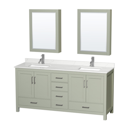 Wyndham Sheffield 72 Inch Double Bathroom Vanity in Light Green, Giotto Quartz Countertop, Undermount Square Sinks (1-Hole), Brushed Nickel Trim, Medicine Cabinets - WCS141472DLGGTUNSMED Wyndham Sheffield 72 Inch Double Bathroom Vanity in Light Green, Giotto Quartz Countertop, Undermount Square Sinks (1-Hole), Brushed Nickel Trim, Medicine Cabinets - WCS141472DLGGTUNSMED